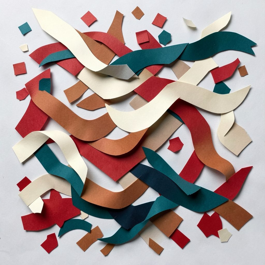 A layered paper cut-out collage of celebration motion — confetti-like shapes and flowing ribbons in cream, rust, and deep wine tones, evoking wedding joy.