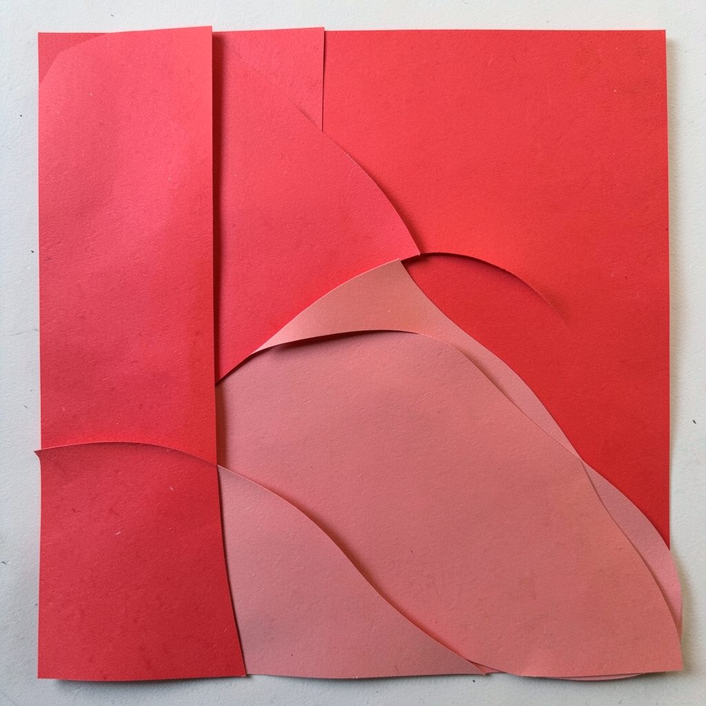 Layered paper cut-out collage of a competitor's hands delicately painting a miniature floral design under a warm spotlight, with soft bokeh shapes floating in the background