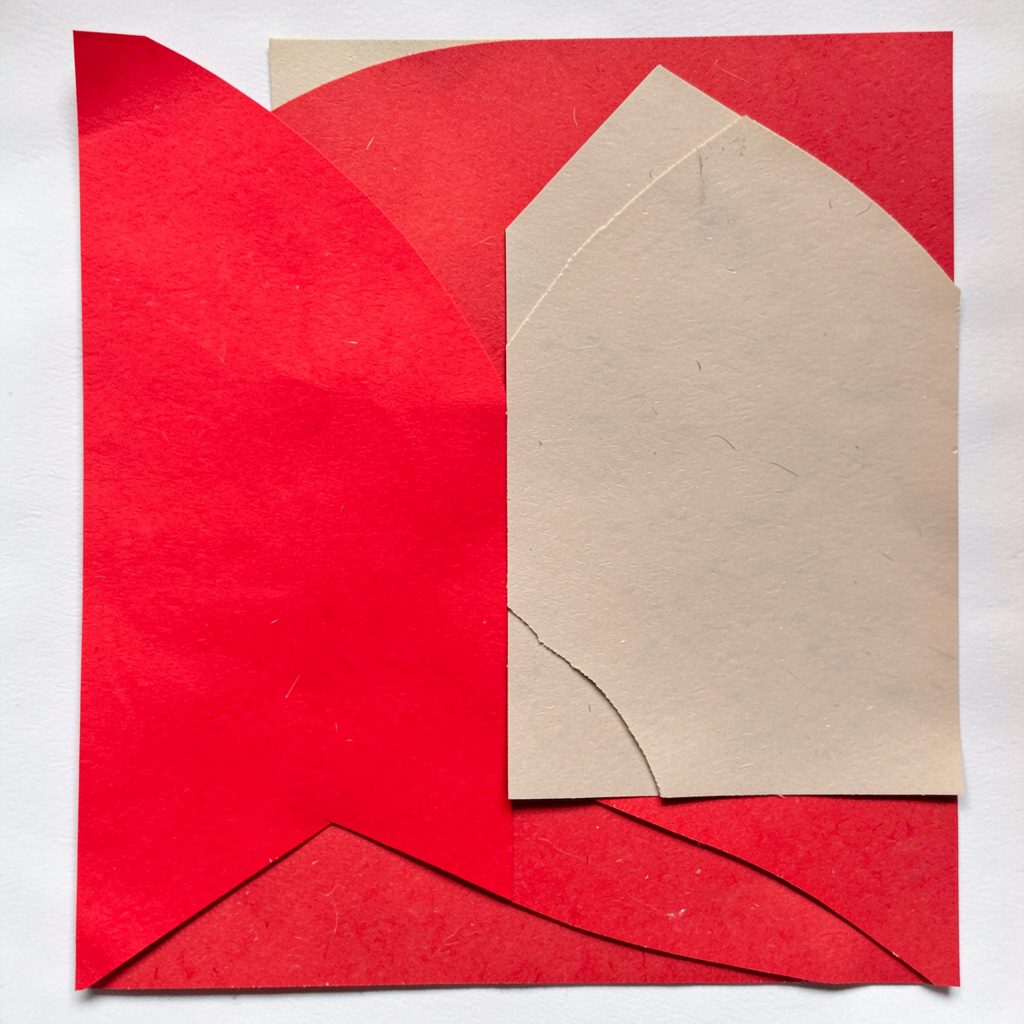 Layered paper cut-out collage of a portrait subject framed by botanical leaf shapes in deep green and warm rust tones