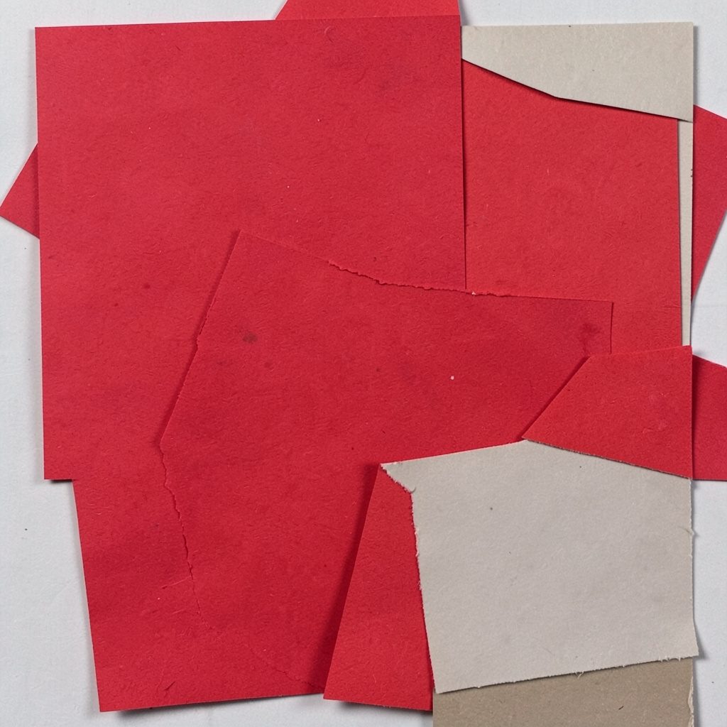 Layered paper cut-out collage in blush pinks and warm creams, with abstract floral motifs and soft overlapping circles evoking romance and celebration