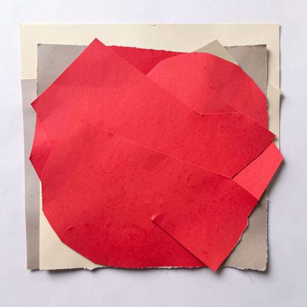 Paper cut-out collage of a racing flag motif, bold crimson and slate grey layers